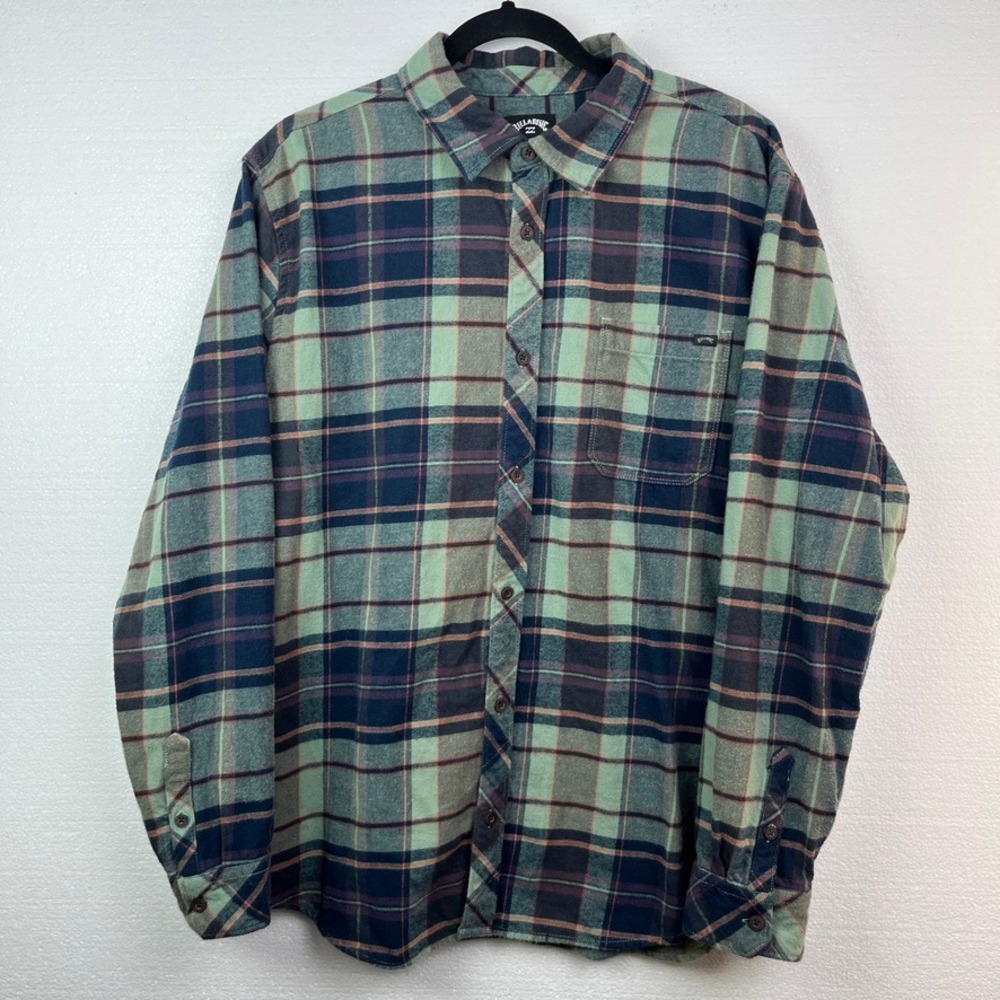 Billabong Flannel Long Sleeve Button Up Shirt Mens L Plaid Green‎ Purple Surf